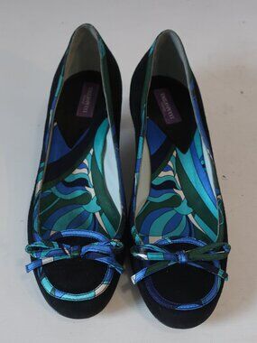 Womens Emilio Pucci Black Suede Blue, Green Trim Shoes 36 EUR/ US 6